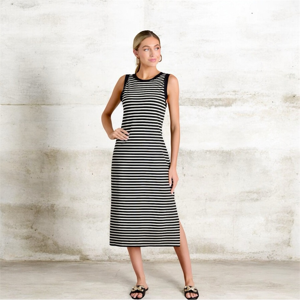 Entro‎ Classic Contrast Black/White Stripe Midi Dress Sleeveless Women’s M, EUC